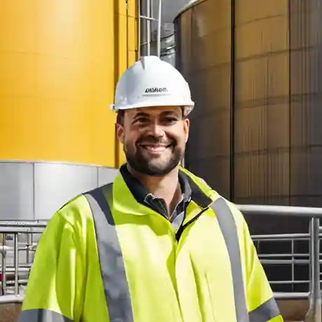 An anaerobic digestion plant engineer wearing PPE for the conversion of sewage to biogas energy.