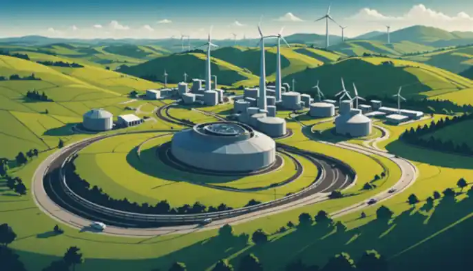 Net zero cost image with biogas digesters and wind turbines.