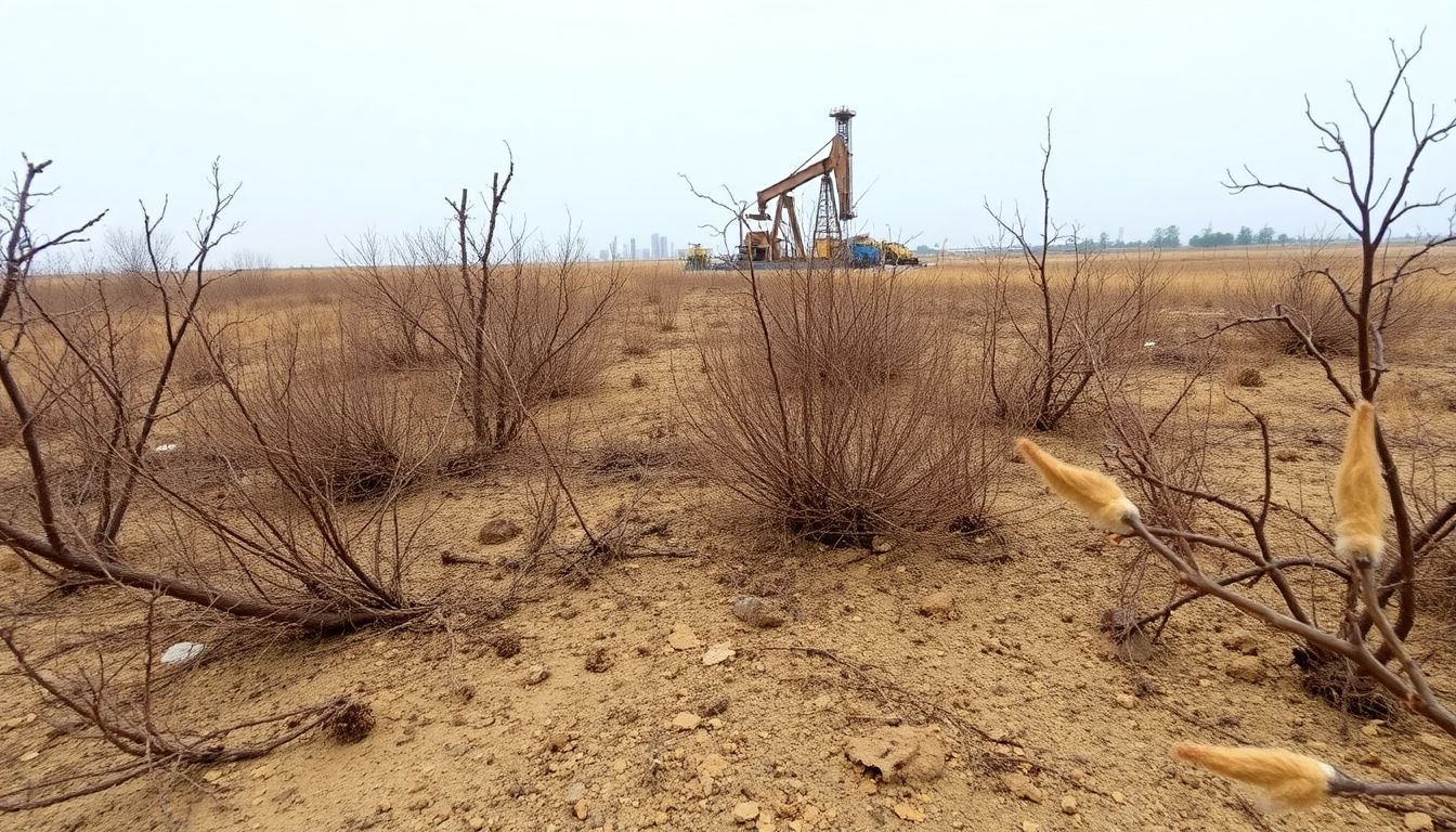 The photo shows a barren landscape with an oil drilling site. The photo shows a barren landscape with an oil drilling site. Oil addiction and Methane Capture Systems.