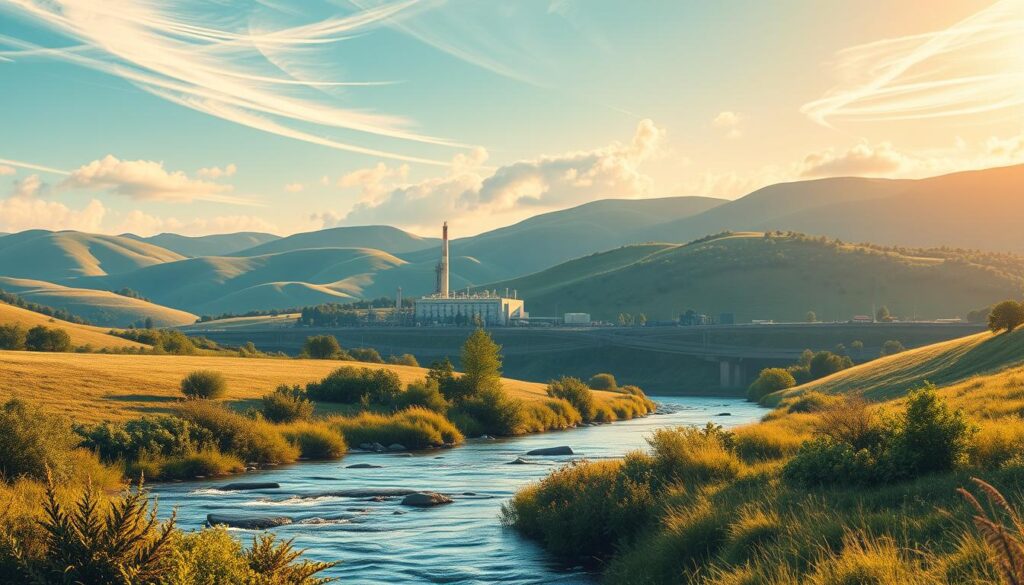 A serene landscape with a natural gas plant nestled among rolling hills and lush greenery. The foreground features a flowing river, its banks lined with flourishing vegetation. In the middle ground, the natural gas facility stands tall, its sleek, modern architecture blending seamlessly with the surrounding environment. Wispy clouds drift across a bright, azure sky, casting gentle shadows on the scene. Warm, golden light filters through the atmosphere, creating a sense of tranquility and environmental harmony. The overall composition conveys the integration of natural gas infrastructure with a sustainable, eco-friendly landscape.