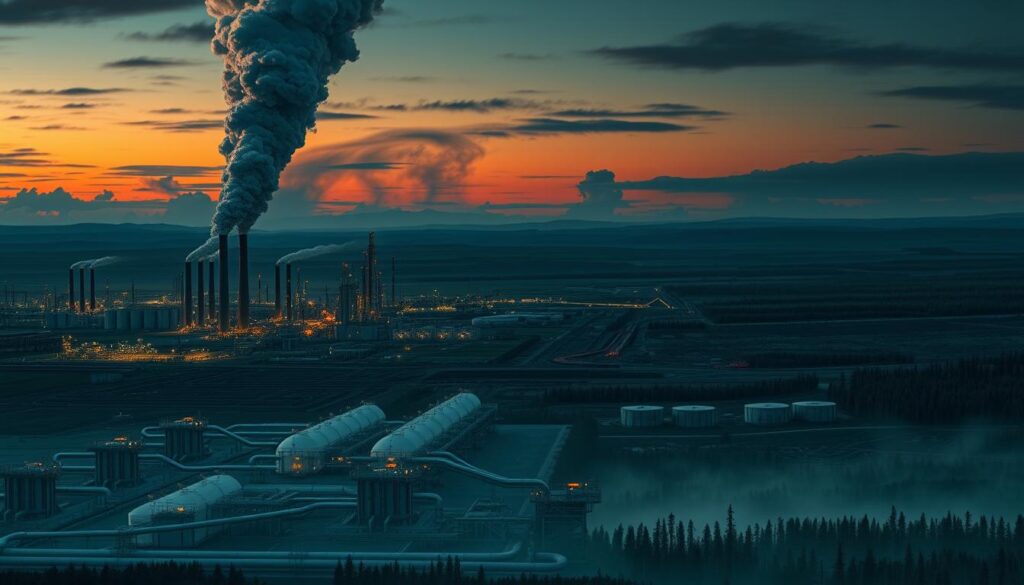 A vast industrial landscape, with towering natural gas refineries and processing plants casting long shadows in the dimming twilight. In the foreground, a dense network of pipelines and storage tanks, conveying the scale and complexity of the natural gas infrastructure. Billowing smokestacks emit plumes of gray, hazy pollution, obscuring the sky and creating an ominous, foreboding atmosphere. The middle ground is dotted with pockets of deforestation and barren, scarred earth, hinting at the environmental toll of natural gas extraction and production. In the distance, a once-vibrant, lush forest slowly succumbs to the encroachment of industrial development, symbolizing the delicate balance between energy needs and ecological preservation. Dramatic, low-angle shot with a cinematic, chiaroscuro lighting scheme to heighten the sense of scale and environmental impact.