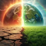 AI Graphic illustrates a fossil fuel free future (right) vs continuing to use them (left).