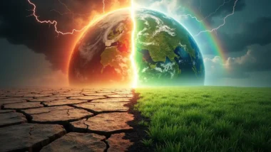 AI Graphic illustrates a fossil fuel free future (right) vs continuing to use them (left).
