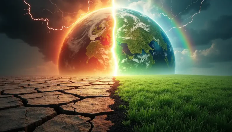AI Graphic illustrates a fossil fuel free future (right) vs continuing to use them (left).