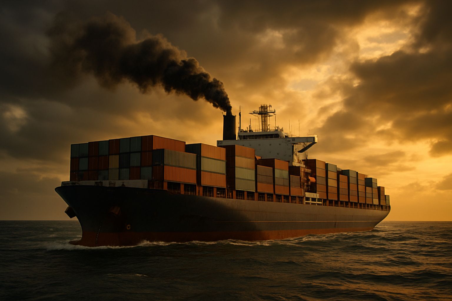 A dirty carbon emitting diesel fuelled container ship in transit. Maritime decarbonisation