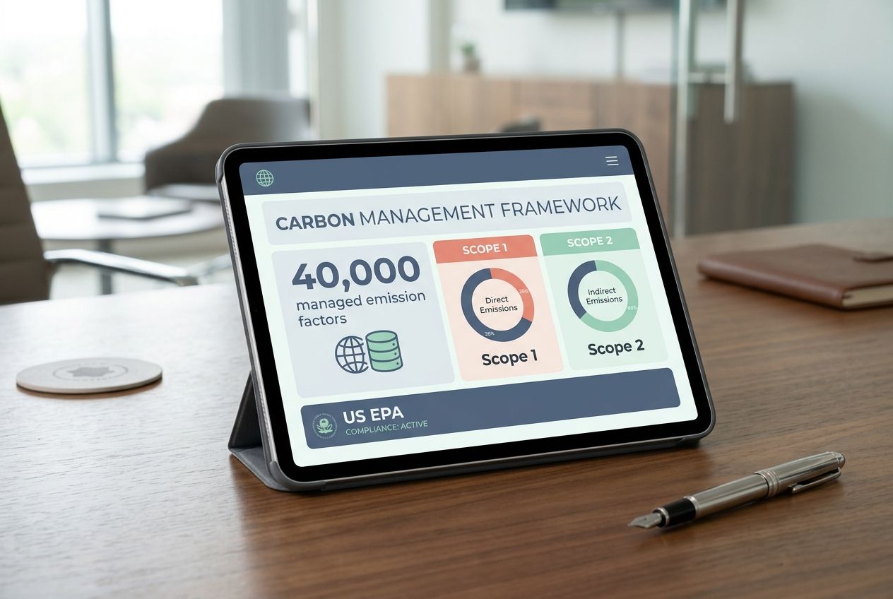 A sleek digital display showing 40,000 managed emission factors for Scope 1 and Scope 2 tracking. A sleek digital display showing 40,000 managed emission factors for Scope 1 and Scope 2 tracking.