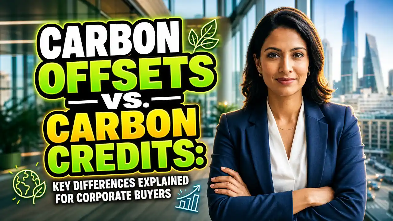 Featured image with text: "Carbon Offsets vs Carbon Credits Key Differences Explained for Corporate Buyers"