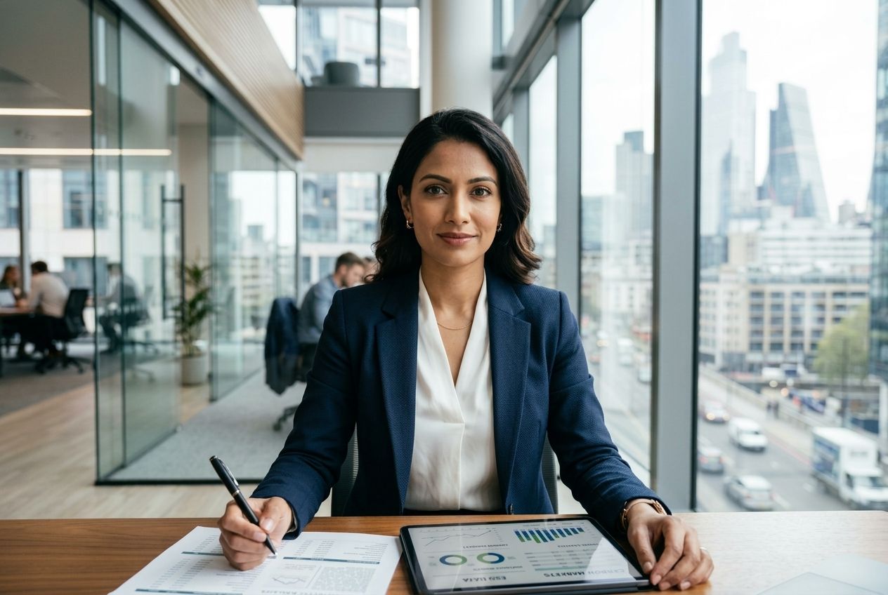 A corporate professional analysing carbon market data in a modern office overlooking a city skyline.