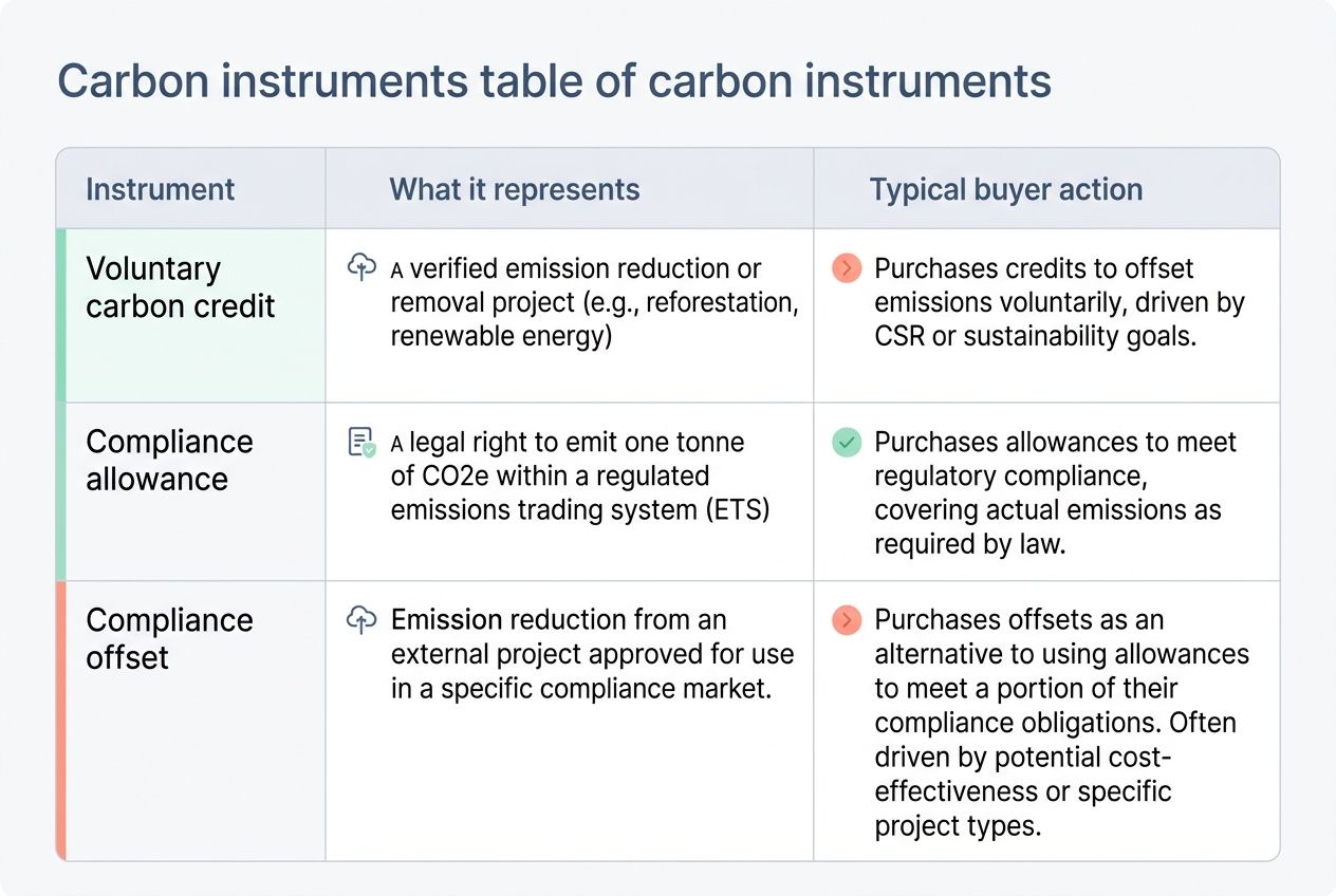 A digital dashboard comparing voluntary carbon credits, compliance allowances, and compliance offsets.
