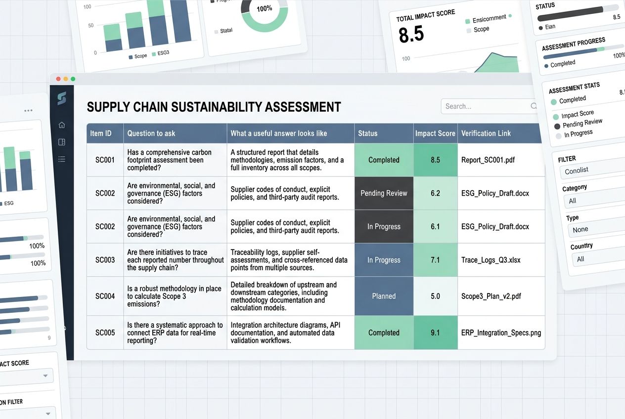 A clean digital dashboard table showing vendor evaluation questions for carbon management software. A clean digital dashboard table showing vendor evaluation questions for carbon management software.