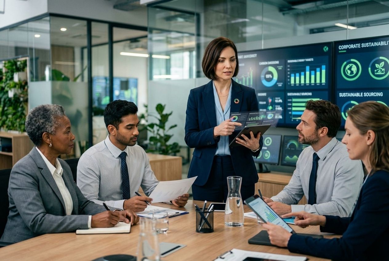 A climate consultant discussing emissions strategy with a diverse team of finance and legal professionals. A climate consultant discussing emissions strategy with a diverse team of finance and legal professionals.