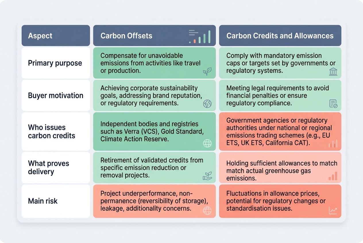 A clean digital chart highlighting the differences in purpose and functionality between carbon offsets and carbon credits.