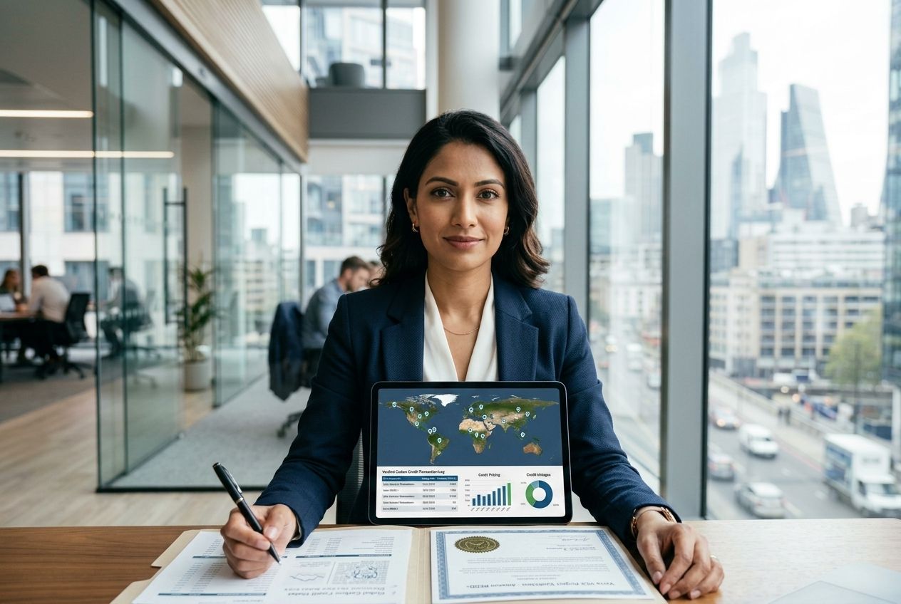 A business professional meticulously reviewing carbon offset project documents and verification records.