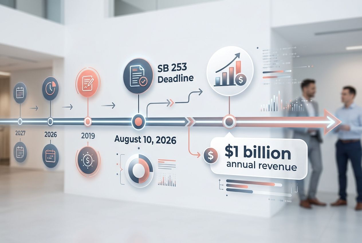 Timeline infographic highlighting the August 10, 2026 SB 253 reporting deadline for billion-dollar companies. Timeline infographic highlighting the August 10, 2026 SB 253 reporting deadline for billion-dollar companies.