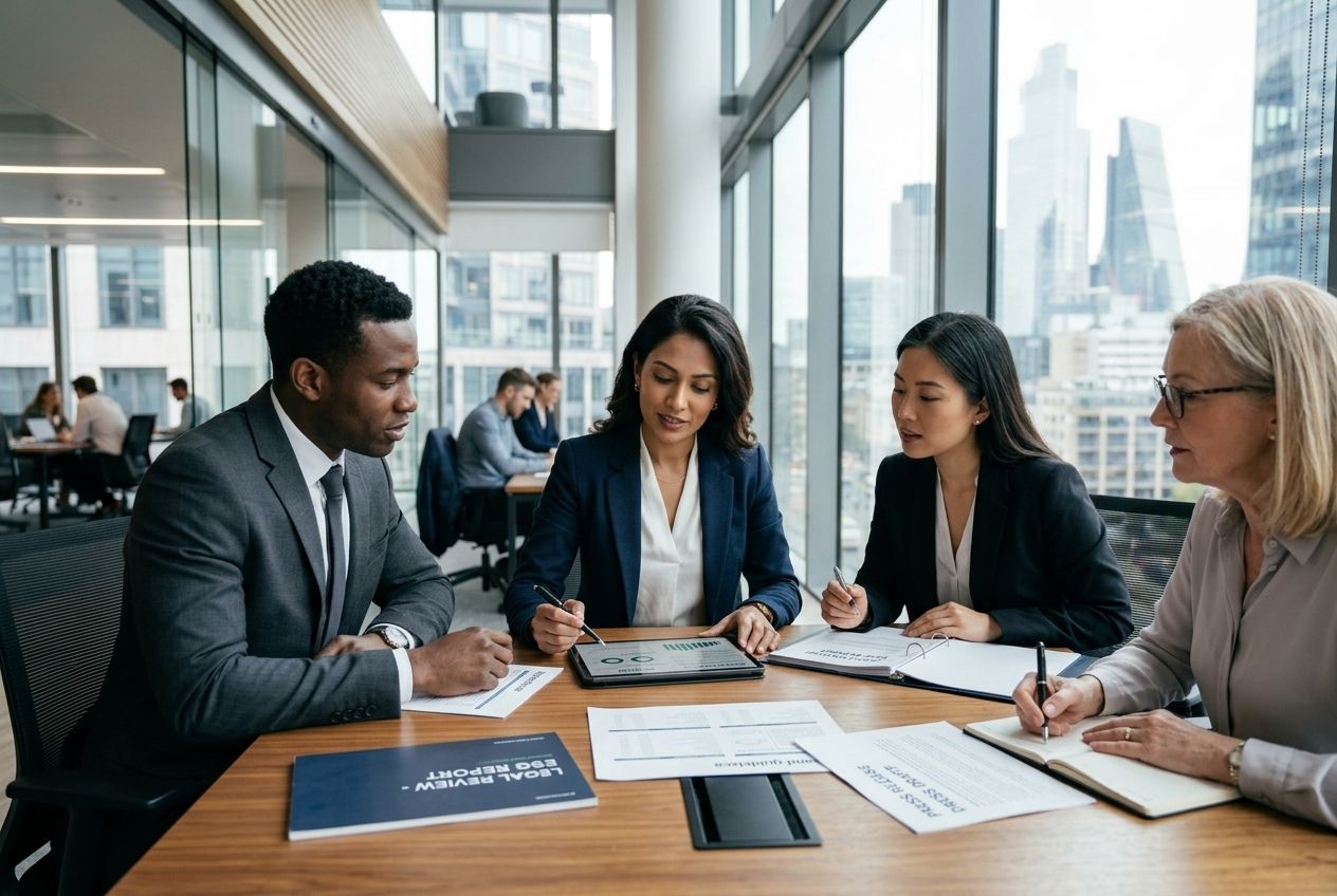 A business professional discussing sustainability claims with their legal and communications teams in a modern office.